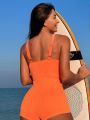SHEIN Swim SPRTY Women'S Texture Waist Cinching One Piece Swimsuit