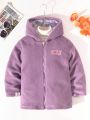 Tween Girl 1pc Reversible Letter Patched Zip Up Thermal Lined Hooded Coat