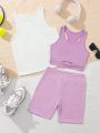 SHEIN 3pcs/Set Tween Girls' Knitted Letter Pattern Long & Short Vest With Jacquard Shorts Sports Outfit