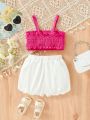 SHEIN 2pcs/set Baby Girls' Casual Elegant Bowknot Tank Top And Shorts Set, Suitable For Going Out