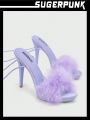 Sugerpunk Super High Heel Stiletto Purple Sky-High Furry Strappy Sandals For Women