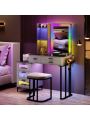 Kasibie RGB LED Lights Makeup Vanity Set,Grey Vanity Desk with Glam Glass Top&Hair Dryer Holder,Dressing table with USB&Wireless Charging Station,Makeup Desk with Visible 6Drawers,Open Storage ShelvesRGB LED Lights Makeup Vanity Set,Grey Vanity Desk