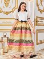 SHEIN Kids Nujoom Slim Fit Cute Vintage Palace Style Puff Sleeve Blouse And Knee-Length Skirt Set