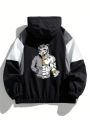 Men Colorblock Cartoon Graphic Hooded Jacket