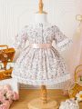 Baby Girl Floral Lace Spliced Satin Belted Dress With Doll Collar And Back Buttons Closure