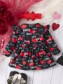 Baby Girl Heart & Letter Printed Bowknot Decorated Long Sleeve Dress