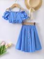 SHEIN Kids CHARMNG 2pcs/Set Spring/Summer Romantic One Shoulder Bubble Sleeve Crop Top And A-Line Skirt Outfit For Young Girls