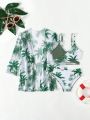 3pcs/Set Little Girls' Tropical Print Cross Wrap Bikini Swimsuit Set With Kimono Cover-Up