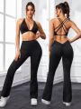 SHEIN Daily&Casual Women'S Cross Strap Backless Sports Bra And Leggings Set