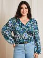 SHEIN Frenchy Plus Size Vacation Printed V-Neck Blouse With Ruffle Hem