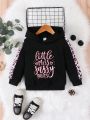 Young Girl Letter Graphic Contrast Leopard Side Seam Hoodie