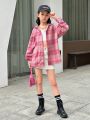 SHEIN Kids HYPEME Girls' Sports Street Fashion Woven Plaid Cartoon Letter Print Hooded Shirt