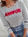 SHEIN Frenchy Women's Plus Size Striped T-shirt With Letter Print