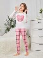 Tween Girl 1pc Cartoon Printed Long Sleeve T-Shirt And 1pc Plaid Patterned Pants Pajama Set For Mommy And Me Matching Outfits