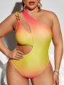 SHEIN Swim SXY Plus Size Hollow Out Ombre One Shoulder One-piece Swimsuit With Circular Decoration