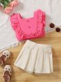 SHEIN Kids EVRYDAY Young Girls' Top With Ruffle Trim & Decoration And Solid Color Shorts Set