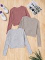SHEIN Kids Y2Kool 3pcs/set Teen Girls' Sporty Sweet Knit Crewneck Long Sleeve T-shirt