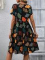 Women's Ginkgo Leaf Printed Dress With Double Pockets