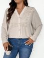 SHEIN Frenchy Plus Size Lace Spliced V-neck Shirt