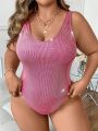 SHEIN Swim Basics Women's Plus Size Glitter Round Neck Backless One Piece Swimsuit