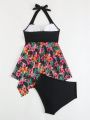 SHEIN Swim Classy Women'S Floral Print Spliced Hollow Out Cami Bikini Top