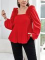 SHEIN Privé Plus Size Women's Elegant Ruffle Hem Pleated Red New Year Blouse