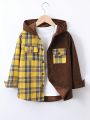 SHEIN Kids EVRYDAY Tween Boy Casual Hooded Cardigan With Plaid Patchwork