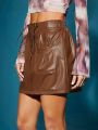 KUNSHENG Drawstring Waist Dual Pocket PU Leather Skirt