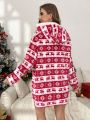 Christmas Elk & Geo Print Drop Shoulder Hooded Flannel Night Dress