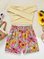 SHEIN Teen Girls' Woven Printed High Waist Shorts And Solid Off Shoulder Crop Top Holiday 2pcs Outfits