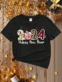 Tween Girls' Casual New Year Slogan Print Short Sleeve T-Shirt Suitable For Summer