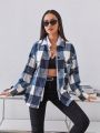 SHEIN Essnce Ladies' Plaid Turn-down Collar Woolen Overcoat With Flap Pockets