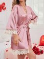 Women'S Lace Patchwork Belted Bathrobe