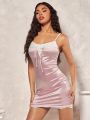 SHEIN BAE Romantic Valentine's Day Date Patchwork Lace Pink Tie Cami Lady Dress