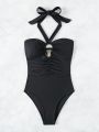 SHEIN Swim Chicsea Women's Halter Neck Strap One Piece Swimsuit