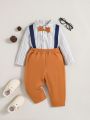 SHEIN Baby Boy Striped Bow Front Shirt & Suspender Pants