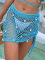 Hollow Out Drawstring Side Crochet Cover Up Skirt Without Bikini Bottom