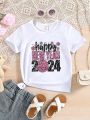 SHEIN Toddler Girls' Casual Happy New Year Letter Print Short Sleeve T-Shirt