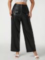 Sara Cennamo Plus Zip Fly Flap Detail PU Leather Wide Leg Pants