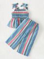 SHEIN Kids SUNSHNE Toddler Girls Striped Bow Shoulder Peplum Cami Top & Pants