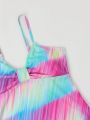 Teenage Girls' Tie-Dye Split Swimsuit, Fashionable Vest Design