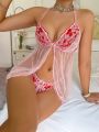 SHEIN Ladies' Sexy Heart Embroidered Mesh Lingerie Set