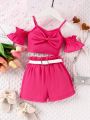 Baby Girl Butterfly Bowknot Off Shoulder Top And Shorts Set