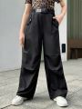 SHEIN Kids HYPEME Girls' Street Style Solid Color Wide Leg Pants With Slanted Pockets, Suitable For Daily Wear