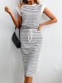 SHEIN LUNE Women'S Striped Round Neck Top And Skirt Two Piece Set