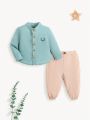 SHEIN Newborn Baby Boys' Casual Shirt With Stand-up Collar And Slim Pants Two-piece Set