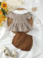 Infant Girls' Stylish Casual Doll Collar Gingham Shirt And Lantern Shorts For Spring/Summer