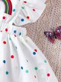 Baby Girls' Rainbow Embroidered Polka Dot Printed Dress With Ruffle Hem