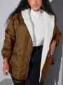 SHEIN CURVE+ Plus Dual Pocket Fuzzy Lined Hooded Quilted Coat