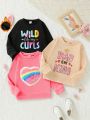 Toddler Girls' 3pcs/Set 3d Heart & Multicolor Letter Print Sweatshirt